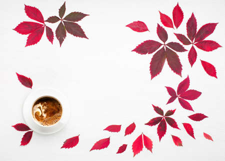 Autumn creative composition. Red leaves, empty blank card in paper envelope, wild grape berries on...