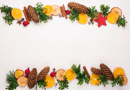 Zero waste Christmas concept. Natural Chirsmas decoration without plastic on white wooden...