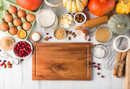 Autumn winter baking concept. Cooking baking background with ingredients, spices and utensils....