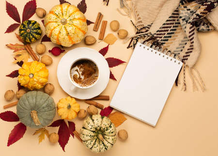 Concept of fall harvest or Thanksgiving day. Autumn composition with cup of coffee, emty notebook,...
