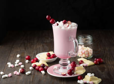 Hot white chocolate drink with cranberry and marshmallows on dark wooden background. Winter...