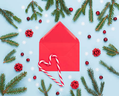 Christmas winter holiday New Year composition. Fir tree branches, red cranberries, Xmas red empty...