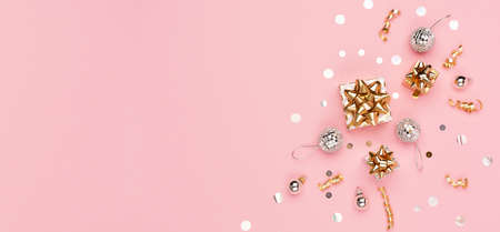 Christmas holiday greeting card template. Gold decorations, candy canes, festive gifts, mirror disco...