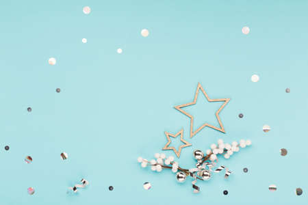 Christmas holiday winter New Year festive card. Xmas decorations, snowflakes, glitter stars on...