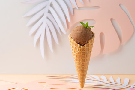 Chocolate Ice cream cone and palm leaves on pastel pink background. Tropical summer concept.の写真素材