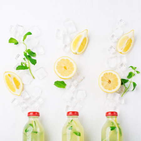 Fresh homemade summer lemonade or mojito cocktail with lemon and mint. Cold refreshing drink or beverage with ice on white background. Top view, copy space.の写真素材