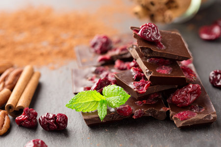 Homemade dark chocolate bar with dried berries and cinnamon on black stone background, selective focus.の写真素材