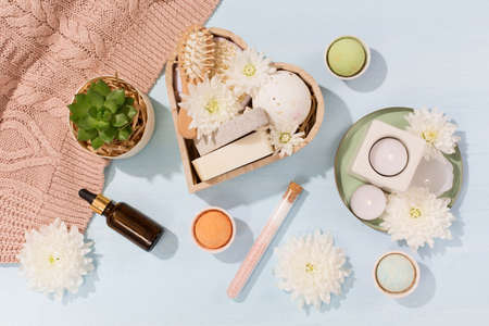 Preparing self care package, seasonal gift box. Plastic free zero waste cosmetics products. Personalized eco friendly basket for mothers day, birthday, 8 March, family, friends. Top view, copy space.の写真素材