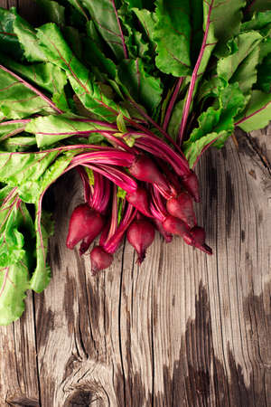 Young Fresh organic beet, beetroot on rustic wooden background. Harvest vegetable cooking concept....