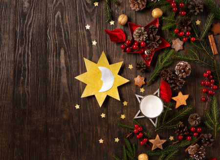 Winter solstice day, December 21. Longest night in the year concept. Sun and moon symbol in womans...