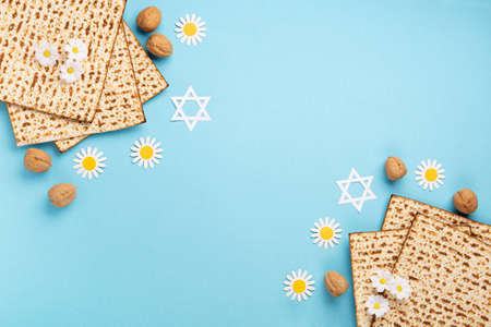 Jewish holiday Passover greeting card concept with matzah, nuts and daisy flowers on blue table....