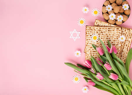 Jewish holiday Passover greeting card concept with matzah, nuts, tulip and daisy flowers on pink...