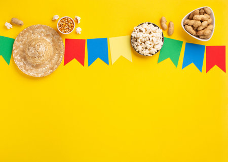 Carnival Brazilian Festa Junina Summer Festival concept. Brazilian straw hat, popcorn, peanuts and...