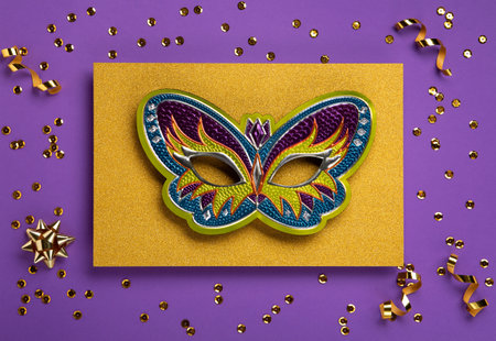 Mardi Gras masquerade festival carnival mask, gold beads and golden, green confetti on purple background. Holiday party invitation, greeting card concept.の写真素材