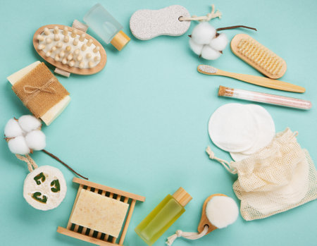 Natural eco friendly beauty natural skin care products concept. Zero waste bathroom and spa accessories on green mint background. handmade soap barsの写真素材