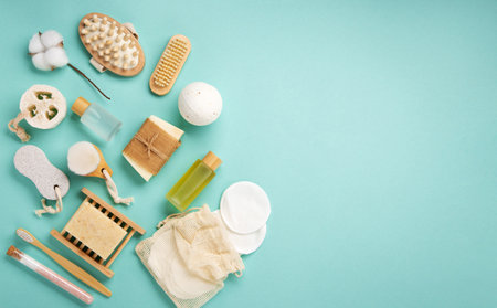 Natural eco friendly beauty natural skin care products concept. Zero waste bathroom and spa accessories on green mint background. handmade soap barsの写真素材