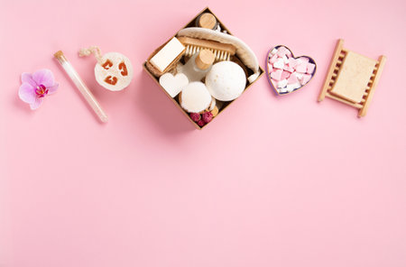 Natural eco friendly beauty skin care products concept. Zero waste bathroom, spa accessories on pink background. Eco friendly self care gift package for mothers, womans day, valentines day.の写真素材
