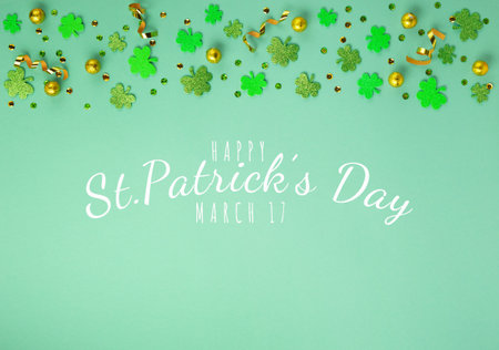 St. Patrick's Day celebration Concept. Greeting card with traditional symbols - Golden horseshoe,...