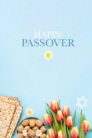 Jewish holiday Passover greeting card concept with matzah, nuts, tulip and daisy flowers on blue...