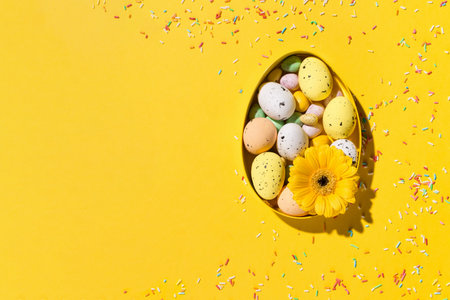 Festive holiday spring Easter card. Yellow, pink, blue sugar sprinkles, daisy flower and sweet...