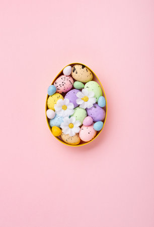 Sweet Colorful Easter Eggs and spring white daisy flowers on pastel pink background. Happy Easter greeting card concept. Flat lay, top view, copy space.の写真素材