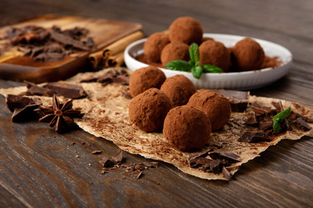 Homemade vegan chocolate truffles, round chocolate candies, with cocoa powder. Dark Chocolate and Coconut Butter on rustic wooden background. Handmade, Gluten free, Healthy dessert concept.の写真素材