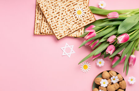 Jewish holiday Passover greeting card concept with matzah, nuts, tulip and daisy flowers on pink table. Seder Pesach spring holiday background, top view, copy space.の写真素材
