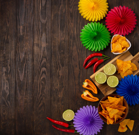 Cinco de Mayo (Fifth of May) celebration concept. Mexican background fiesta with Traditional Mexican nachos chips, red chili peppers, green lime on dark wooden background. Top view, copy space.の写真素材