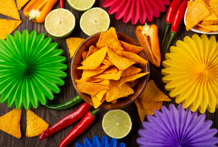 Cinco de Mayo (Fifth of May) celebration concept. Mexican background fiesta with Traditional Mexican nachos chips, red chili peppers, green lime on dark wooden background. Top view, copy space.の写真素材