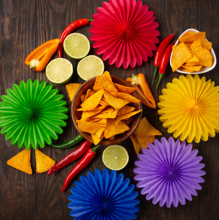 Cinco de Mayo (Fifth of May) celebration concept. Mexican background fiesta with Traditional Mexican nachos chips, red chili peppers, green lime on dark wooden background. Top view, copy space.の写真素材