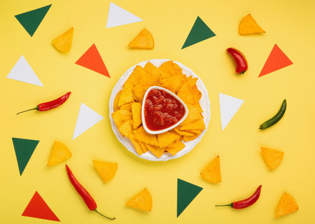 Mexican fiesta background with Traditional Mexican nachos chips, chilli peppers and tomato salsa sauce on yellow background. Cinco de Mayo (Fifth of May) celebration concept. Top view, copy space.の写真素材