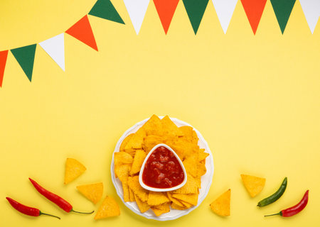 Mexican fiesta background with Traditional Mexican nachos chips, chilli peppers and tomato salsa sauce on yellow background. Cinco de Mayo (Fifth of May) celebration concept. Top view, copy space.の写真素材