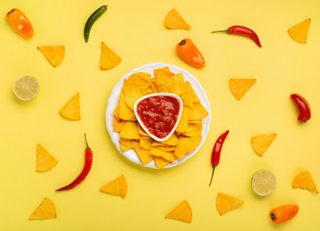 Mexican fiesta background with Traditional Mexican nachos chips, chilli peppers and tomato salsa sauce on yellow background. Cinco de Mayo (Fifth of May) celebration concept. Top view, copy space.の写真素材