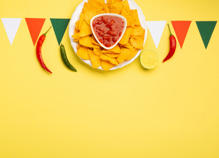 Mexican fiesta background with Traditional Mexican nachos chips, chilli peppers and tomato salsa sauce on yellow background. Cinco de Mayo (Fifth of May) celebration concept. Top view, copy space.の写真素材