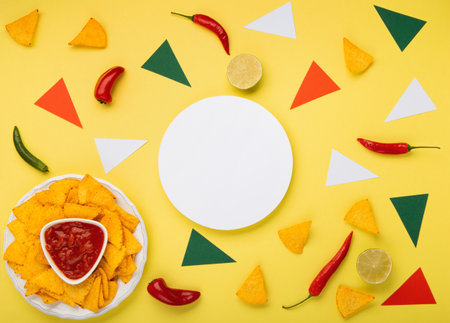 Mexican fiesta background with Traditional Mexican nachos chips, chilli peppers and tomato salsa sauce on yellow background. Cinco de Mayo (Fifth of May) celebration concept. Top view, copy space.の写真素材