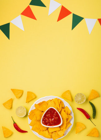 Mexican fiesta background with Traditional Mexican nachos chips, chilli peppers and tomato salsa sauce on yellow background. Cinco de Mayo (Fifth of May) celebration concept. Top view, copy space.の写真素材