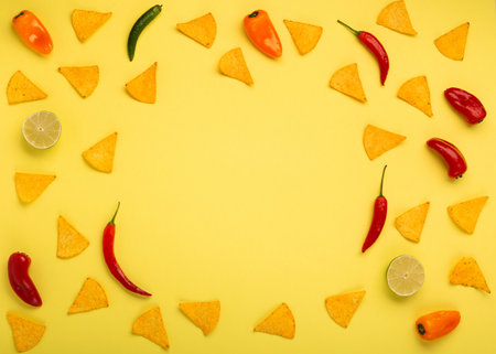 Mexican fiesta background with Traditional Mexican nachos chips, chilli peppers and tomato salsa sauce on yellow background. Cinco de Mayo (Fifth of May) celebration concept. Top view, copy space.の写真素材