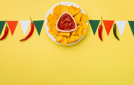 Mexican fiesta background with Traditional Mexican nachos chips, chilli peppers and tomato salsa sauce on yellow background. Cinco de Mayo (Fifth of May) celebration concept. Top view, copy space.の写真素材