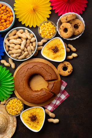 Festa Junina Summer Festival Carnival concept. Brazilian straw hat, Corn Cake, peanuts and colorful flags on wooden background, top view. Design for Greeting Card, Invitation or Holiday Posterの写真素材