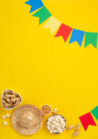 Carnival Brazilian Festa Junina Summer Festival concept. Brazilian straw hat, popcorn, peanuts and colorful flags on yellow background, top view. Design for Greeting Card, Invitation or Holiday Posterの写真素材