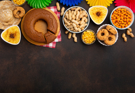 Festa Junina Summer Festival Carnival concept. Brazilian straw hat, Corn Cake, peanuts and colorful flags on wooden background, top view. Design for Greeting Card, Invitation or Holiday Posterの写真素材