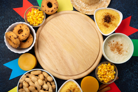Festa Junina Summer Festival Carnival concept. Brazilian straw hat, Corn Cakes, peanuts and colorful flags on wooden blue background, top view. Design for Greeting Card, Invitation or Holiday Posterの写真素材