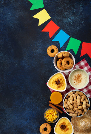 Festa Junina Summer Festival Carnival concept. Brazilian straw hat, Corn Cakes, peanuts and colorful flags on wooden blue background, top view. Design for Greeting Card, Invitation or Holiday Posterの写真素材