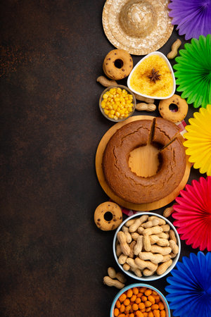 Festa Junina Summer Festival Carnival concept. Brazilian straw hat, Corn Cake, peanuts and colorful flags on wooden background, top view. Design for Greeting Card, Invitation or Holiday Posterの写真素材