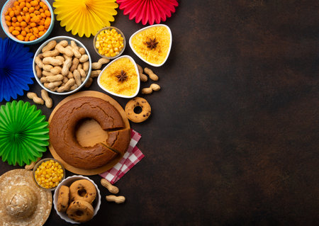 Festa Junina Summer Festival Carnival concept. Brazilian straw hat, Corn Cake, peanuts and colorful flags on wooden background, top view. Design for Greeting Card, Invitation or Holiday Posterの写真素材
