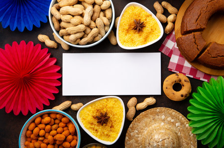 Festa Junina Summer Festival Carnival concept. Brazilian straw hat, Corn Cake, peanuts and colorful flags on wooden background, top view. Design for Greeting Card, Invitation or Holiday Posterの写真素材