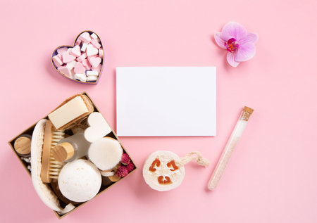 Natural eco friendly beauty skin care products concept. Zero waste bathroom, spa accessories on pink background. Eco friendly self care gift package for mothers, womans day, valentines day.の写真素材