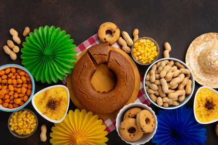 Festa Junina Summer Festival Carnival concept. Brazilian straw hat, Corn Cake, peanuts and colorful flags on wooden background, top view. Design for Greeting Card, Invitation or Holiday Posterの写真素材