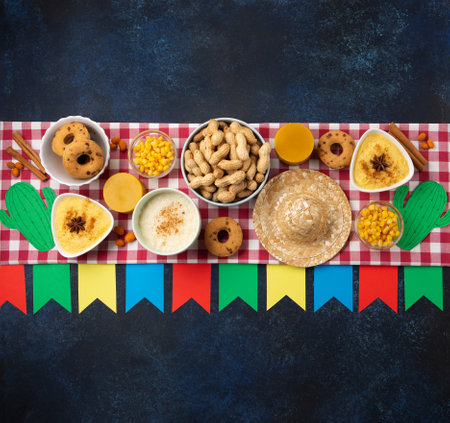 Festa Junina Summer Festival Carnival concept. Brazilian straw hat, Corn Cakes, peanuts and colorful flags on wooden blue background, top view. Design for Greeting Card, Invitation or Holiday Posterの写真素材