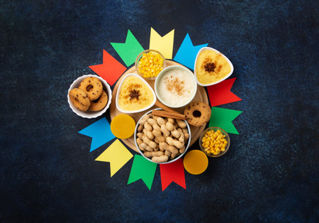 Festa Junina Summer Festival Carnival concept. Brazilian straw hat, Corn Cakes, peanuts and colorful flags on wooden blue background, top view. Design for Greeting Card, Invitation or Holiday Posterの写真素材